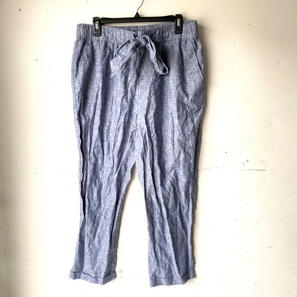 Zara blue linen blend tie front pants l